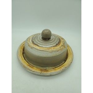 Laurentian Pottery Butter Dish Round Canada 529 Drip Glaze Stone Cinnamon Roll